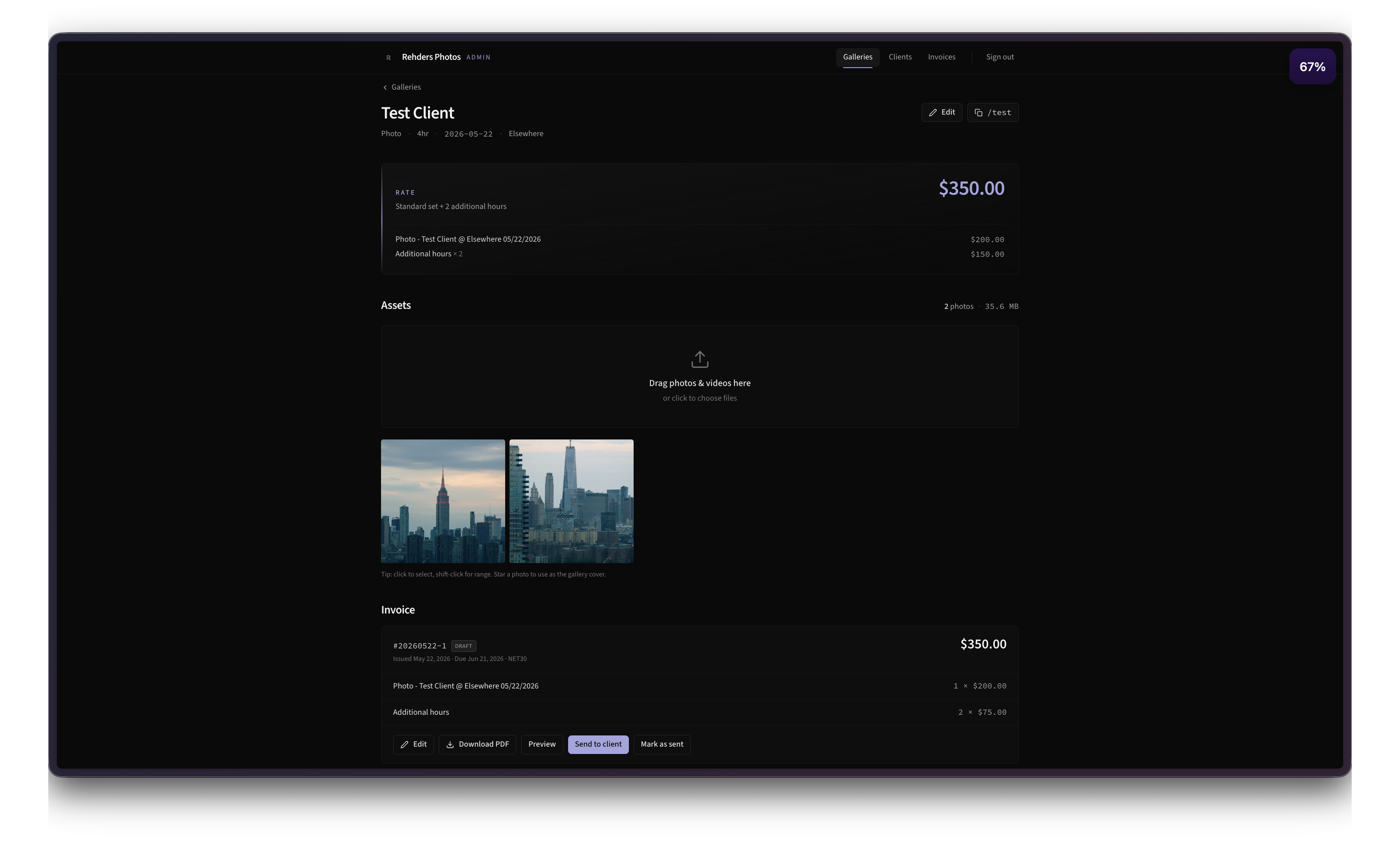 client gallery + invoicing screenshot